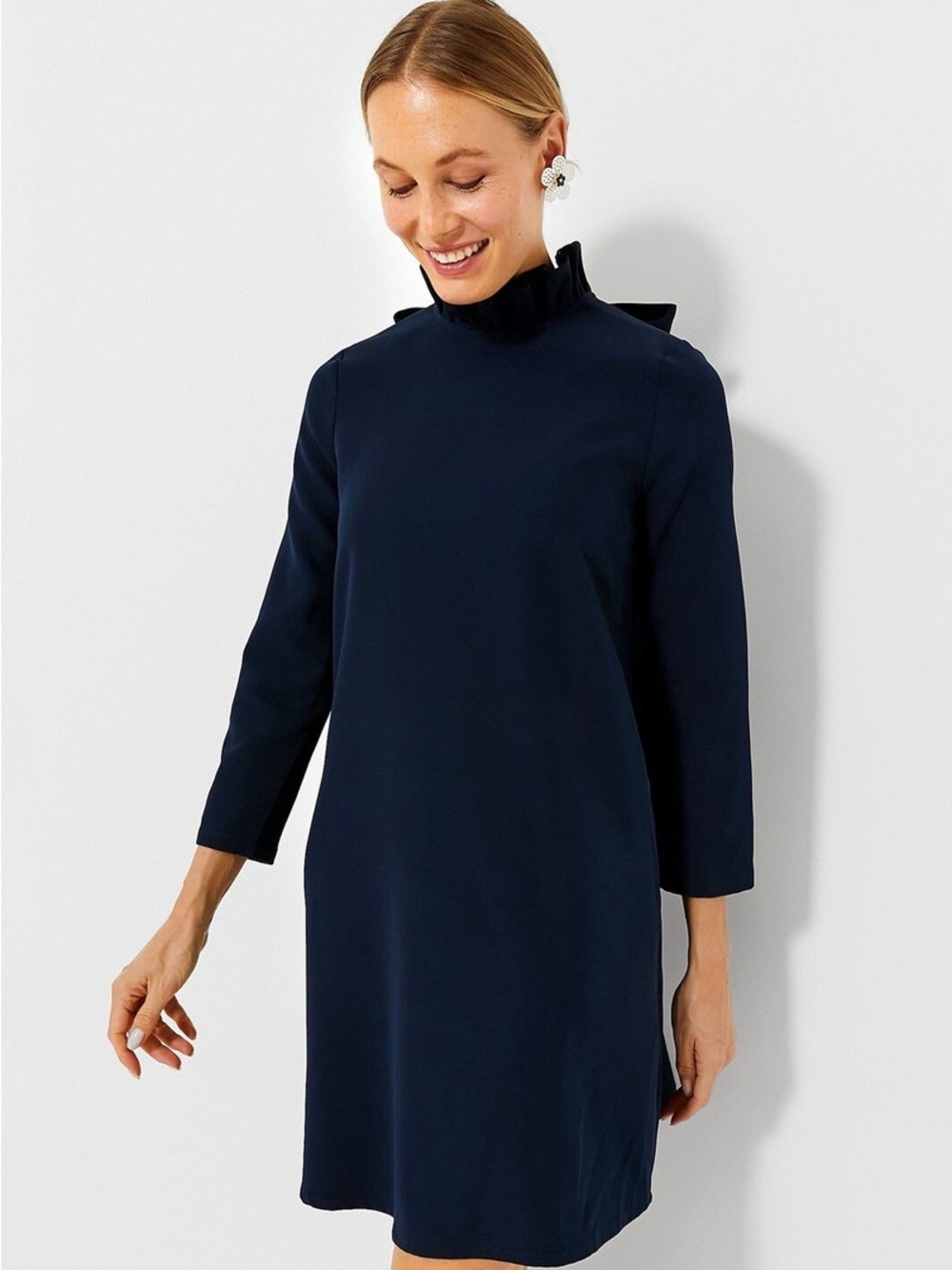 NWT Tuckernuck Daphne classic ruffle neck 3/4 sleeve navy blue bow dress size xs